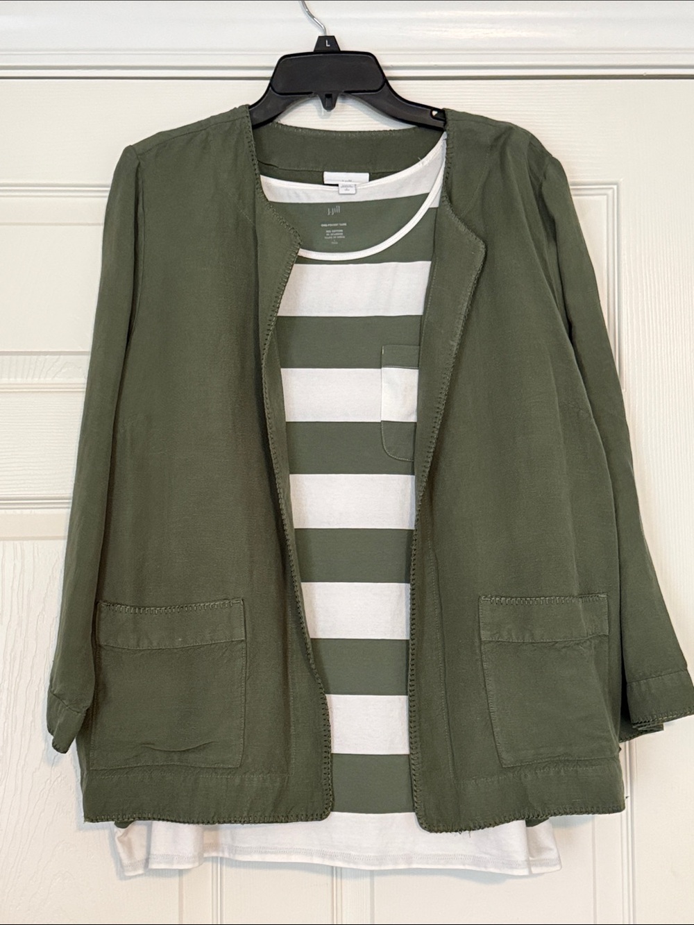 J. Jill Olive Open-Front Blazer Jacket with striped tank top.